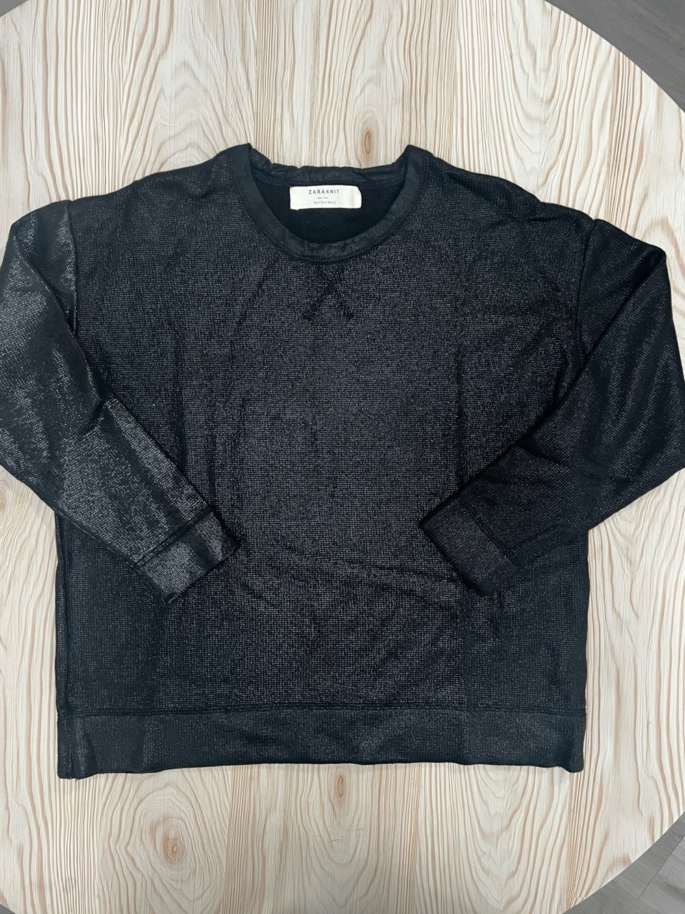 Zara women Black Crewneck Sweater with oversized fit and black metallic finish.